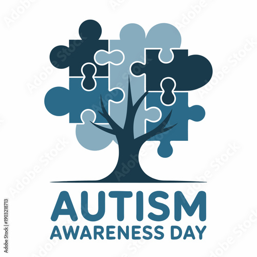 A symbolic tree composed of puzzle pieces represents autism awareness and understanding with text below