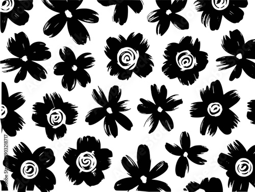 Black hand painted floral pattern white background simple flower shapes