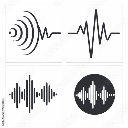 Four distinct black and white waveforms illustrating various sound patterns and frequencies Vector