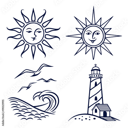 A serene seascape with a lighthouse, sun, birds, and waves Vector