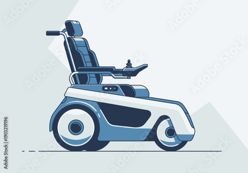 Futuristic mobility scooter illustration showcasing technology and innovation in a modern transportation setting from a side view angle.