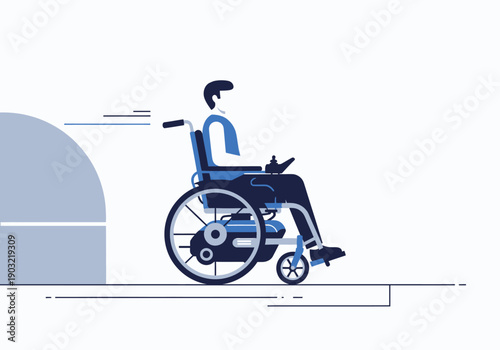 A person in a wheelchair is moving forward with a sense of freedom and independence from a side viewpoint.
