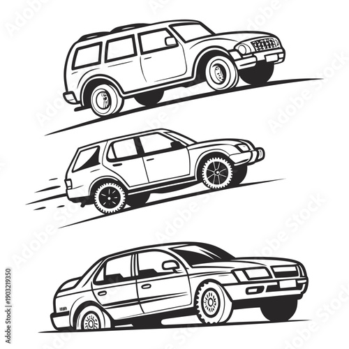 Three different types of cars parked in a row with a van in the background Vector