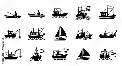 Collection of Fishing Boat and Sailboat Icons.