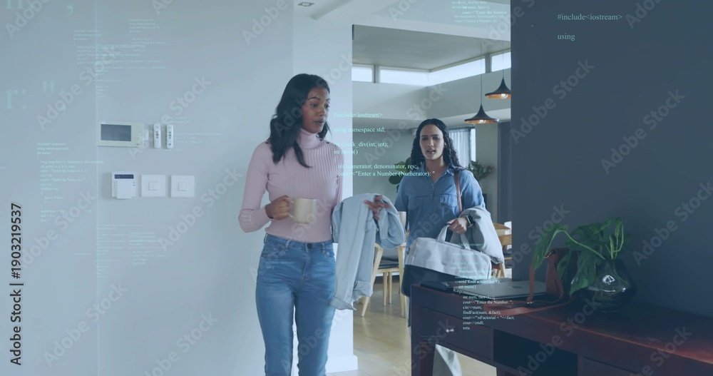 Naklejka premium Entering two women in entry, one wearing pink sweater, carrying mug and duffel, code overlay
