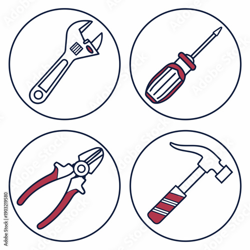 A collection of various tools including a wrench, screwdriver, pliers, and hammer Vector