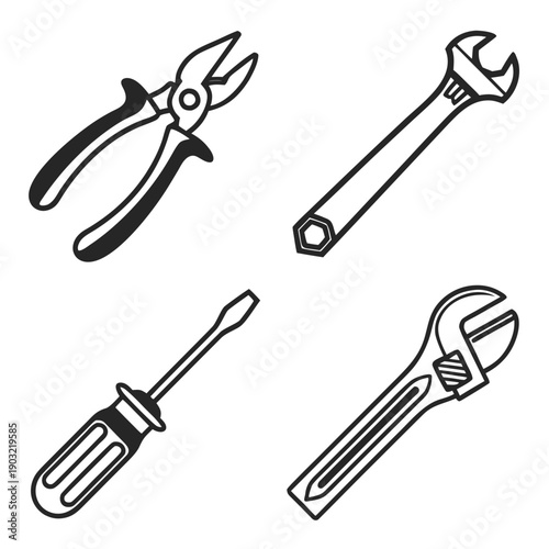 A variety of tools including pliers, a screwdriver, and wrenches. Vector