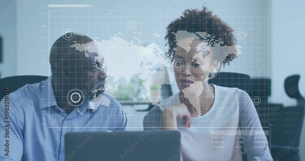 © vectorfusionart - Talking man in blue-shirt leaning to woman in white-top viewing laptop at work with digital-map HUD © vectorfusionart - Talking man in blue-shirt leaning to woman in white-top viewing laptop at work with digital-map HUD