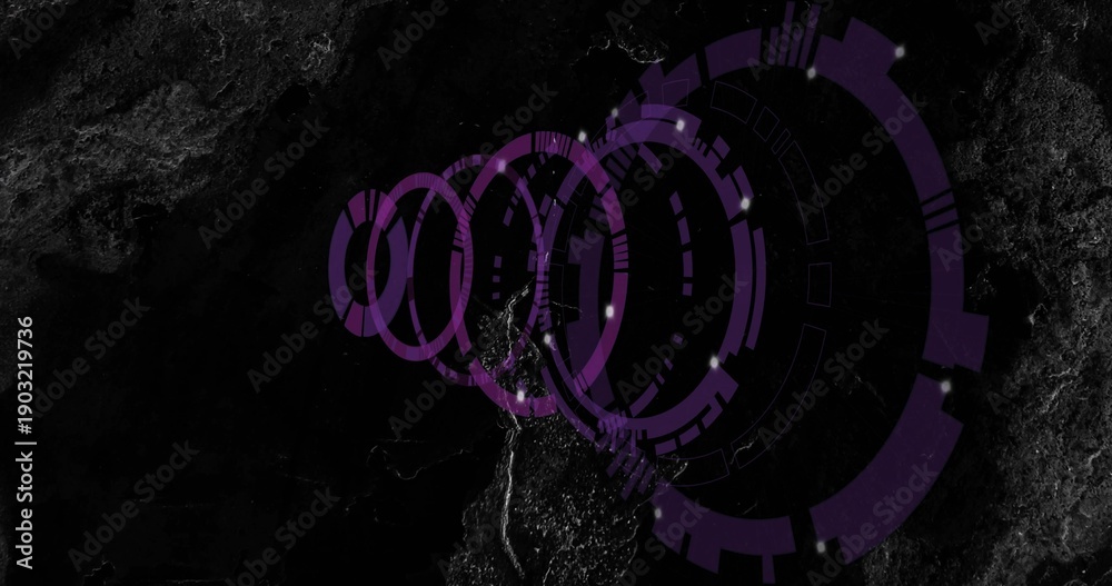 Fototapeta premium Displaying faint purple concentric rings overlaying satellite map, with lit terrain and seams