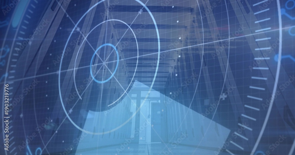 Fototapeta premium Displaying digital circular HUD overlaying data center aisle, with server racks and glass door