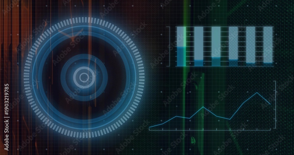Obraz premium Showing large round HUD glowing left on sci-fi grid, displaying bar-chart, blue line, copy space
