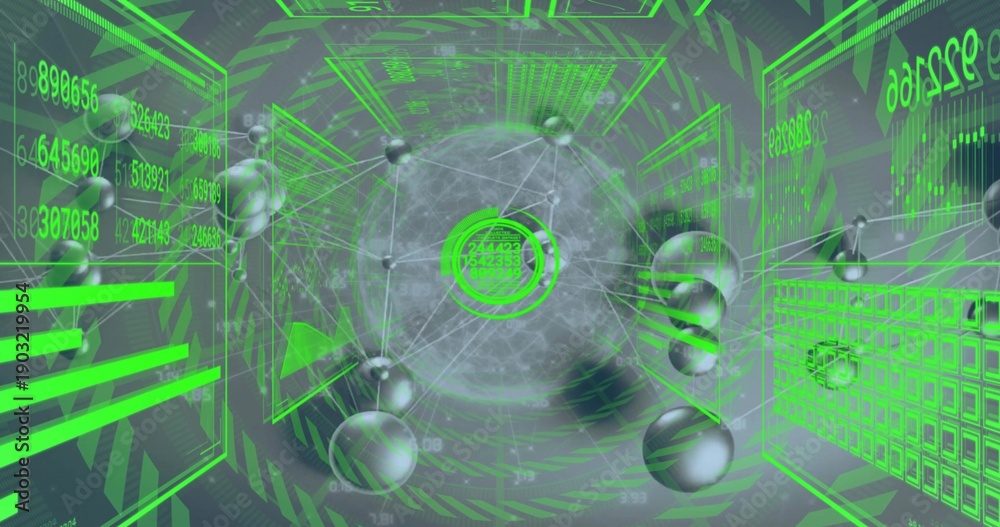 Fototapeta premium Glowing orb displaying ringed readouts in cyberspace tunnel, with metallic nodes and glowing lines