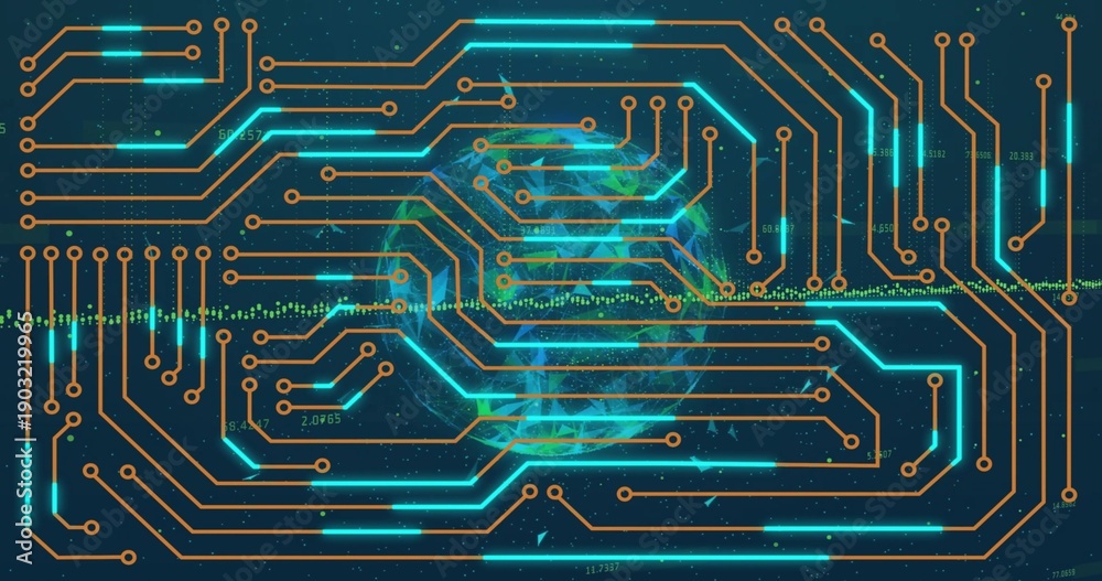 Fototapeta premium Connecting teal circuits and orange nodes across Earth globe in starfield, pulsing waveform