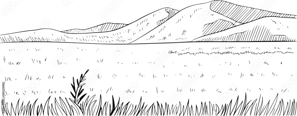 Fototapeta premium Hand Drawn of Rolling Hills and Grassy Field White Background landscape nature
