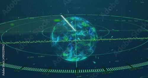 Projecting holographic globe rotating in virtual control display, showing scanning beam and rings