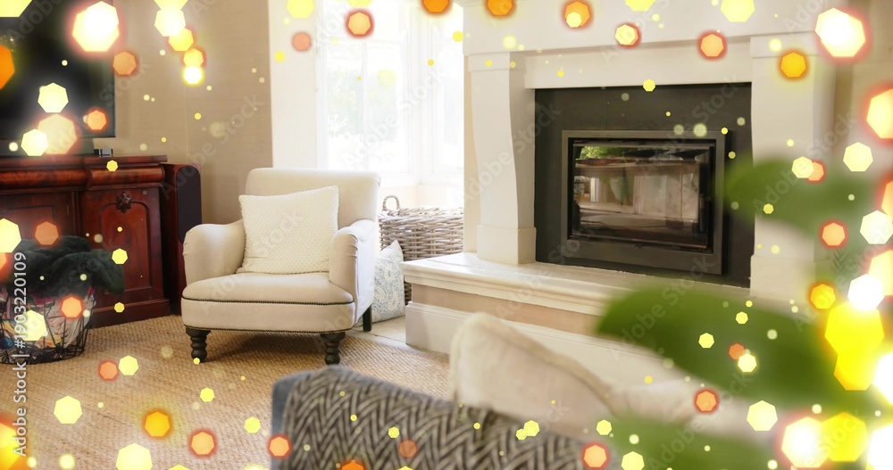 Naklejka premium Featuring cream armchair sitting left of center on textured rug in living room, with fireplace