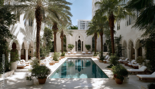 Luxury pool area at aman lila blanca in miami featuring a rectangular swimming pool with clear water, surrounded by tropical palm trees, lush greenery, and elegant white