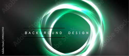 Dark background features glowing concentric circles. Text reads background design centered within circular layers. Minimalist, modern aesthetic.