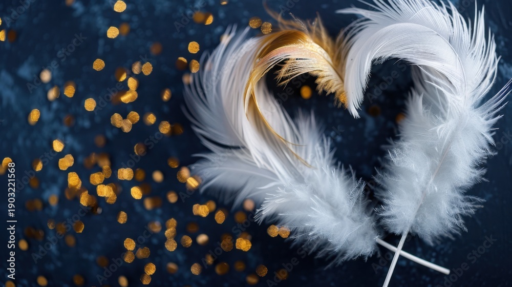Obraz premium Heart Shape Decorated with White and Gold Feathers Surrounded by Sparkling Golden Bokeh Background
