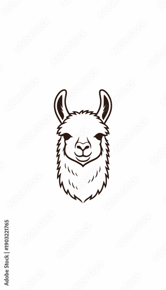 Fototapeta premium Stylized black and white illustration of a friendly llama head facing forward with a gentle expression.