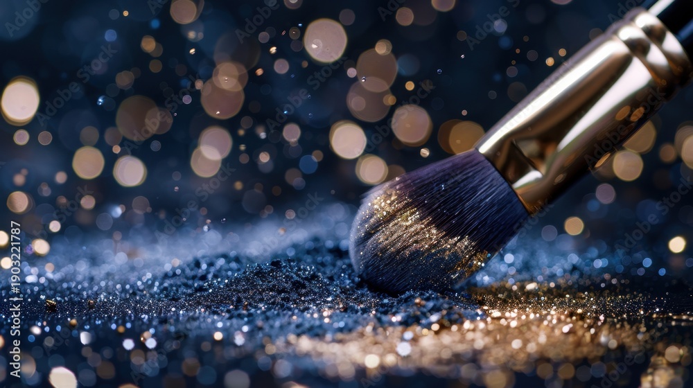 Fototapeta premium Close-Up of Makeup Brush Applying Sparkling Glitter on Dark Surface with Bokeh Background and Dreamy Atmosphere