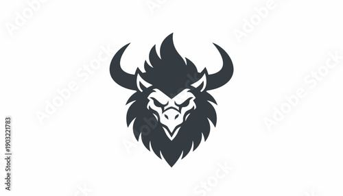 A fierce, stylized dark grey mythical beast head with horns and a mane, resembling a powerful logo.