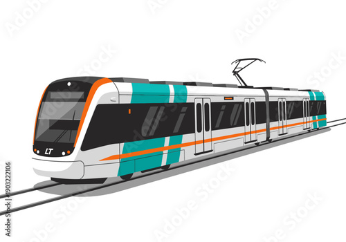Modern tram on railway tracks viewed from the front at an angle, showcasing teal and orange accents in a digital illustration
