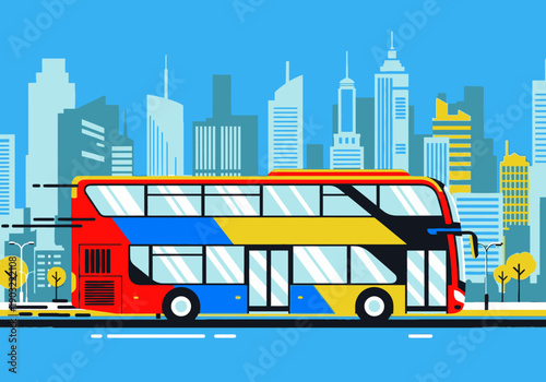 Vibrant Double Decker Bus Navigating Cityscape Roadway with Skyscrapers in the Background from a Side Viewpoint