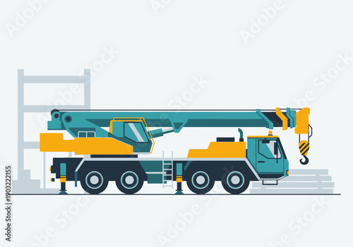 Crane truck illustration viewed from the side on a construction site