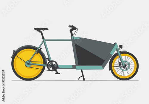 Cargo bicycle with large container, yellow wheels, and teal frame, viewed from the side