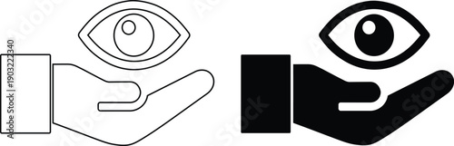 Human hand holding eye icon representing vision, care and supervision concepts
