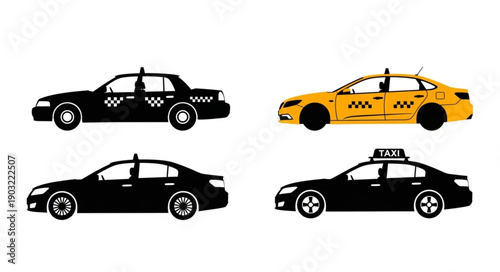 Collection of four different taxi car illustrations.