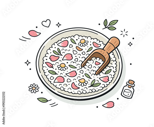 Botanical Bath Bliss. Botanical bath salt mix. Flat lay of natural bath salts mixed with dried petals and herbs, displayed on a ceramic plate with a wooden