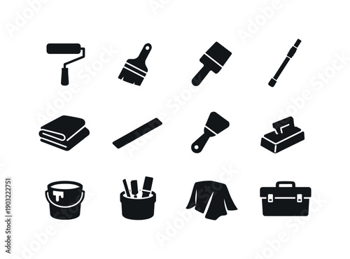 Painting walls. Solid icon set of painting tools: roller brush, angled paintbrush, sponge brush, extension pole, drop cloth, stir stick,