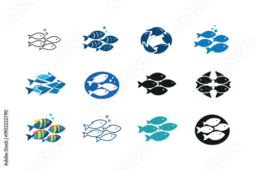 Underwater wildlife and nature photography. Icon set. Set Logo of Underwater wildlife and nature photography: tropical fish school.