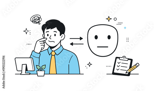 Neutral tone culture. A thoughtful editorial scene where a worker adjusts their expression to match a neutral mask icon. The illustration