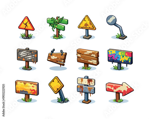 Abandoned Signs Icons. Abandoned Signs. Colorful isometric vector icons set of Abandoned Signs: cracked road sign, overgrown street sign, faded warning board,