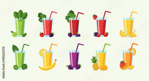 Collection of Fresh Fruit and Vegetable Juices and Smoothies.