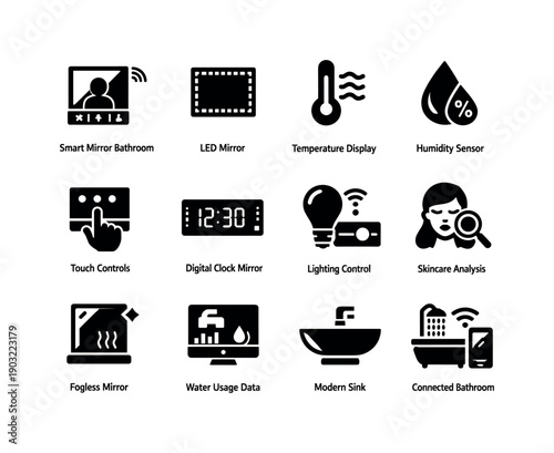 Smart Bathroom Technology. Solid icon set of Smart Bathroom Technology: smart mirror bathroom, LED mirror, temperature display, humidity