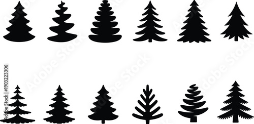Minimalist Christmas pine tree silhouettes set featuring fir and spruce icons isolated on white background for holiday design