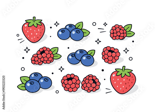 Fresh berries flat lay. Assorted berries like strawberries, blueberries and raspberries neatly arranged on a clean surface, bright and fresh