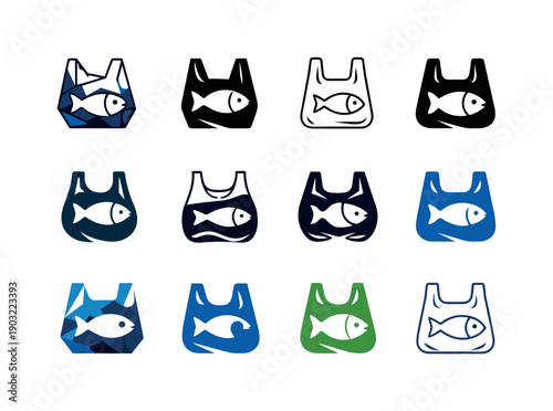 Plastic pollution. Icon set. Set Logo of plastic pollution: fish trapped in plastic bag. harmonious logo variations of the same emblematic