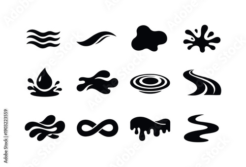Dynamic Flow Icons. Solid icon set of Dynamic Flow Icons: wavy motion, curved line, liquid transition, blob shape, drop splash, organic