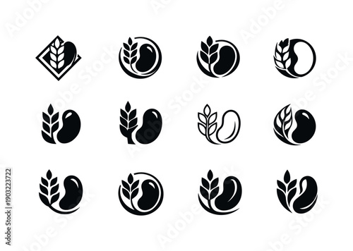Cooking with whole grains and legumes. Icon set. Set Logo of cooking with whole grains and legumes: wheat and bean symbol. harmonious logo