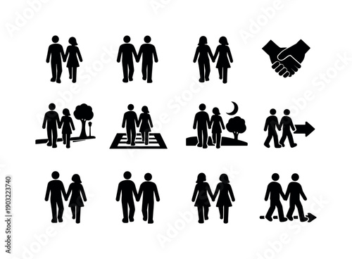Everyday Couple Walk. Solid icon set of Everyday Couple Walk: man and woman walking, same gender couple, hand clasp icon, urban sidewalk,
