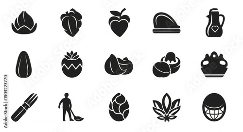 Collection of Food and Plant Icons in Silhouette Style.