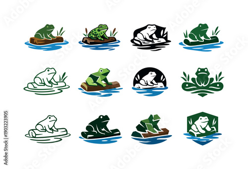 Wetland Restoration Icons. Wetland restoration. Icon set. Set Logo of wetland restoration: frog on log in water. harmonious logo variations of the same