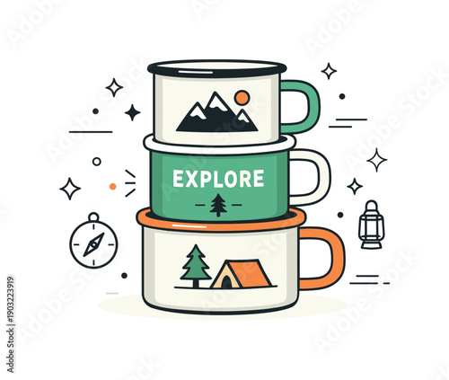 Stacked Camping Mugs. Stacked enamel mugs. Two or three camping mugs neatly stacked with minimalist graphics or labels, surrounded by subtle sparkles and