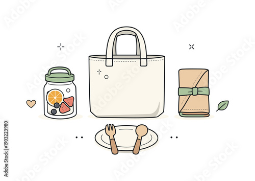 Minimal Eco Picnic. Minimal picnic accessories collection. Items like a cloth tote, fruit jar, and reusable napkin arranged symmetrically with neutral hues.