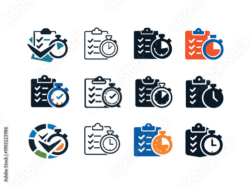 Study Icon Variations. Studying for a test. Icon set. Set Logo of Studying for a test: checklist and study timer. harmonious logo variations of the same